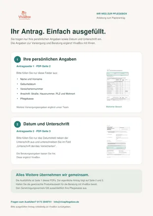 Ausfüllhilfe mit markierten Bereichen: persönliche Angaben auf Antragsseite 1, Datum und Unterschrift auf Antragsseite 2.